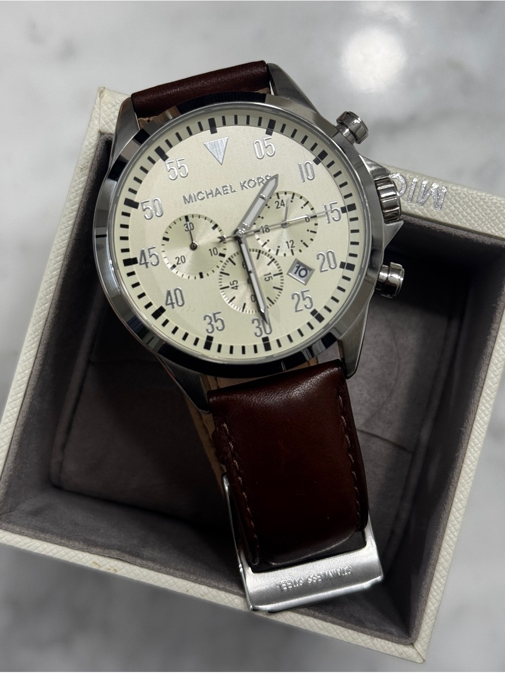 Michael Kors Brown Leather Strap Chronograph Watch - Cream Dial